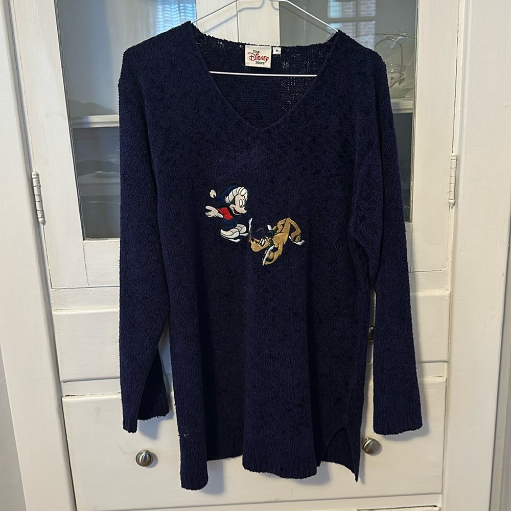 Disney Navy Blue V-Neck Sweater with Mickey & Pluto Embroidery
